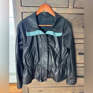 Vintage Women’s Giorgio Armani Black Leather Jacket with Teal Details